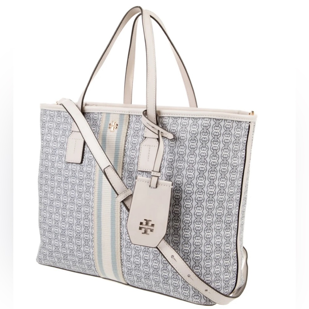 Tory Burch Gemini Link Canvas Top Zip Tote|White & Blue